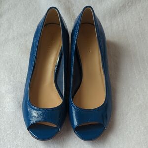 Bright blue Cole Haan peep toe low wedges